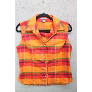 The Denim Tailor 100% Silk Sleeveless Bling Button-Up Top-8-Plaid-Preppy